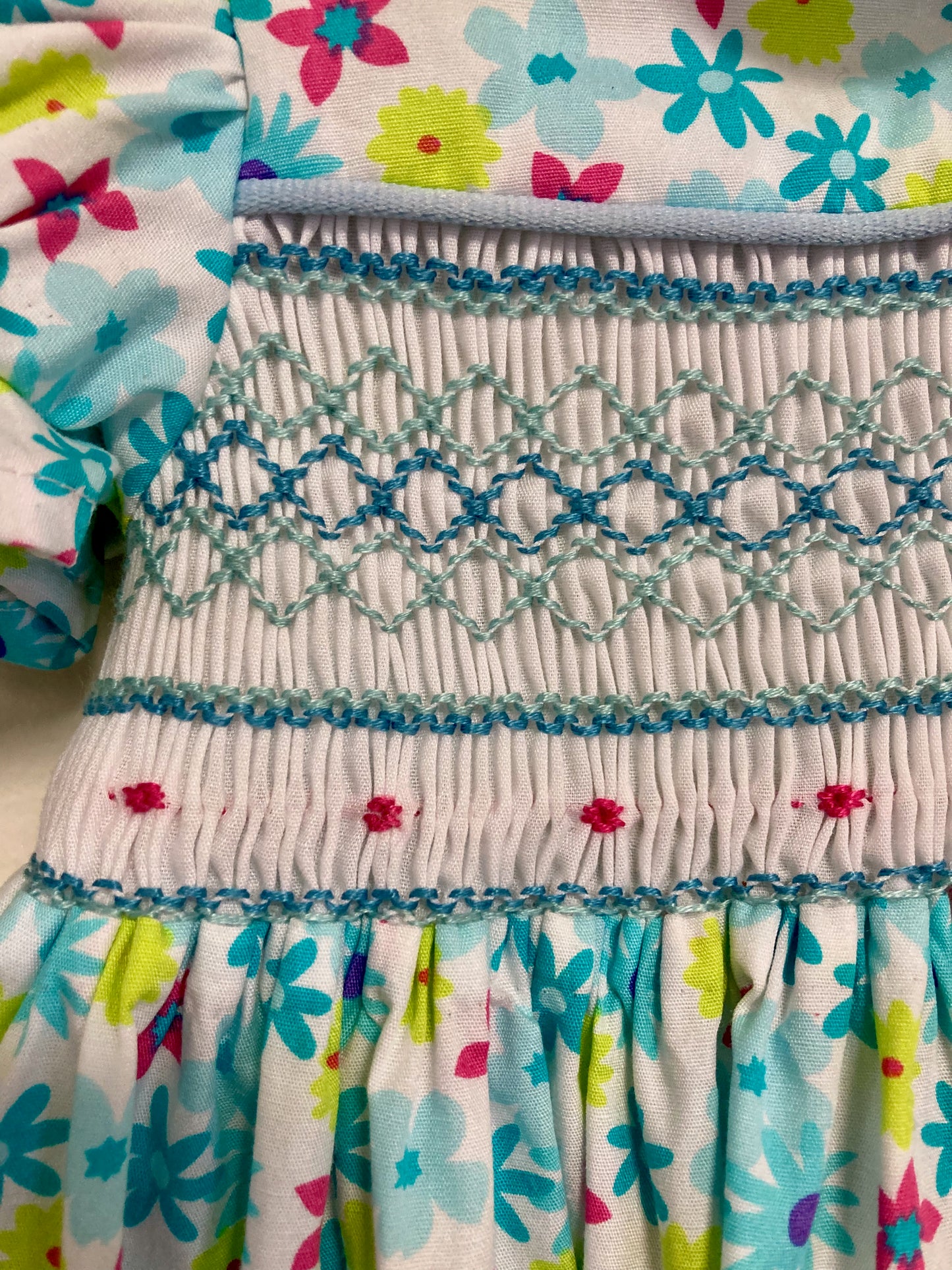 Aqua Floral Smocked Dress (Size 2)