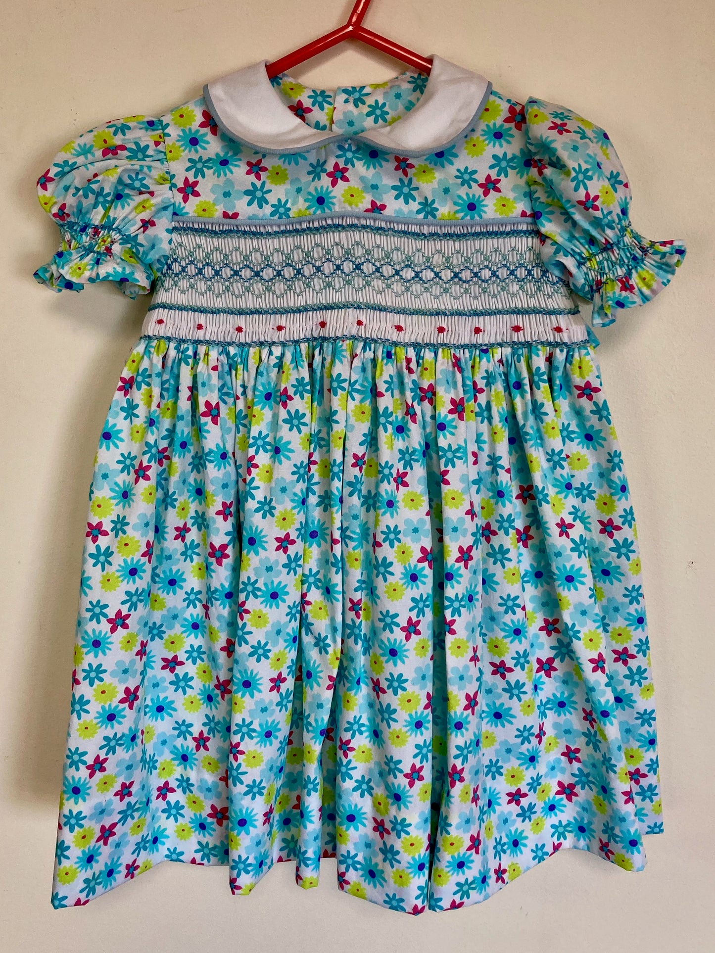Aqua Floral Smocked Dress (Size 2)