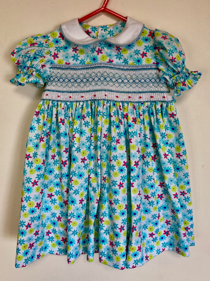 Aqua Floral Smocked Dress (Size 2)