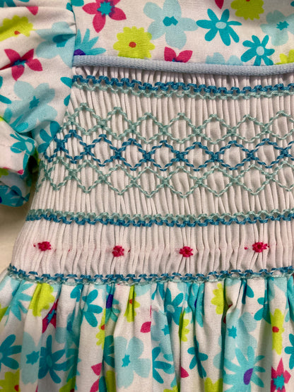 Aqua Floral Smocked Dress (Size 2)
